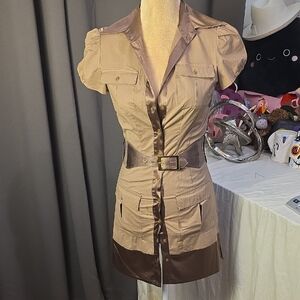 Bebe Safari Utility Shirt Dress NWT XS Belted Button Front Cargo Pockets Neutral